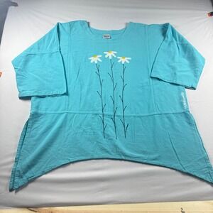 Lauriejo Design Womens XL Turquoise Cotton Daisy Hand Painted Handkerchief Tunic